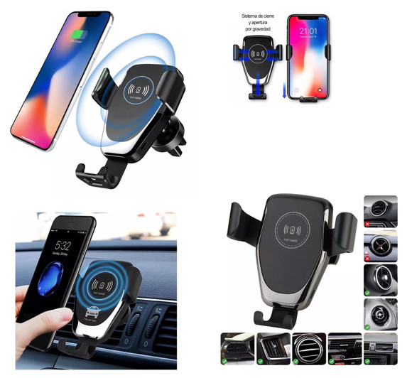Imagen de SOPORTE CELULAR CON CARGADOR INALAMBRICO PARA AUTO REJILLA