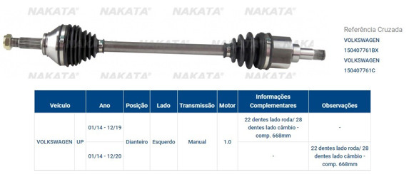 Imagen de SEMIEJE IZQUIERDO VW UP 1.0 2014 22 Y 28 ESTRIAS