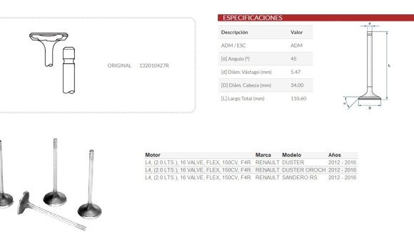 Imagen de VALVULA ADMISION RENAULT DUSTER/OROCH/SANDERO RS 2.0 16V
