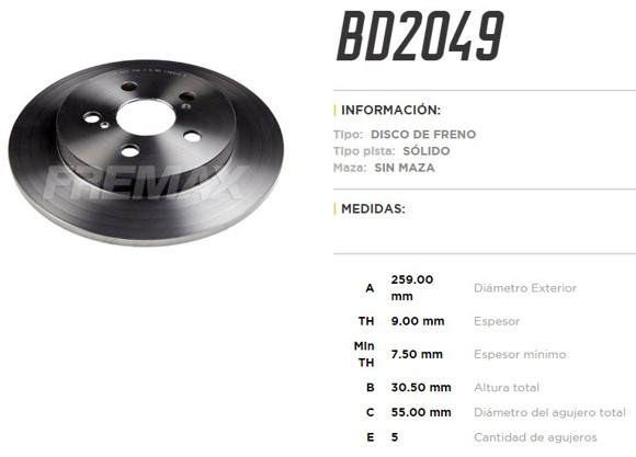Imagen de DISCO FRENO TRAS TOYOTA COROLLA 1.8 11. . . 2.4 09-11 PRIUS