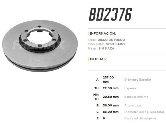 Imagen de DISCO FRENO DEL VENT GM LUV ISUZU 2.8TD 90-96 TROOPER