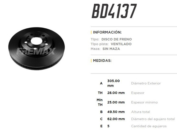 Imagen de DISCO FRENO DEL VENT TOYOTA RAV4 2019. . . 305MM