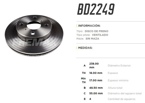Imagen de DISCO FRENO DEL VENT TOYOTA COROLLA 1992. . . 238MM