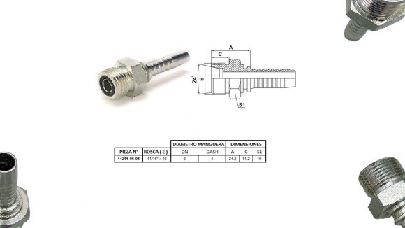 Imagen de MACHO RECTO 11/16" ORFS X 16F 04 MANG. 1/4" PLANO C/ORRING