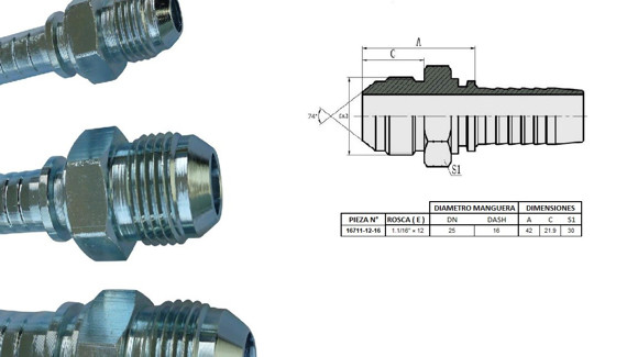 Imagen de MACHO RECTO JIC 1.1/16" UN X 12F 16 MANG.1"