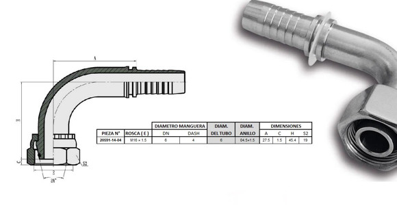 Imagen de HEMBRA CURVO 90° M14 X 1,5-06 04 1/4'' DKO