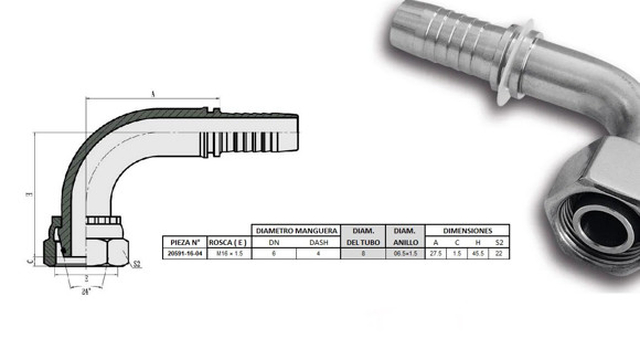 Imagen de HEMBRA CURVO 90° M16 X 1,5-08 04 1/4'' DKO