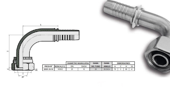 Imagen de HEMBRA CURVO 90° M36 X 2,0-25 16 1'' DKO