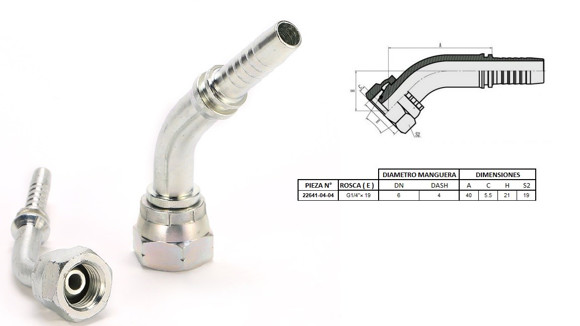 Imagen de HEMBRA CURVA 45° 1/4'' BSP X 19F 04 MANG.1/4''