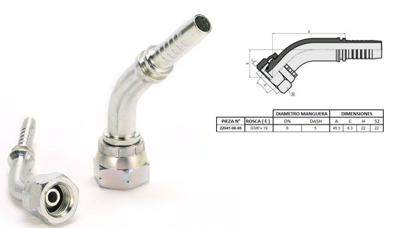 Imagen de HEMBRA CURVA 45° 3/8'' BSP X 19F 05 MANG.5/16''