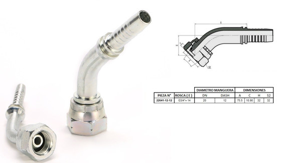 Imagen de HEMBRA CURVA 45° 3/4'' BSP X 14F 12 MANG.3/4''