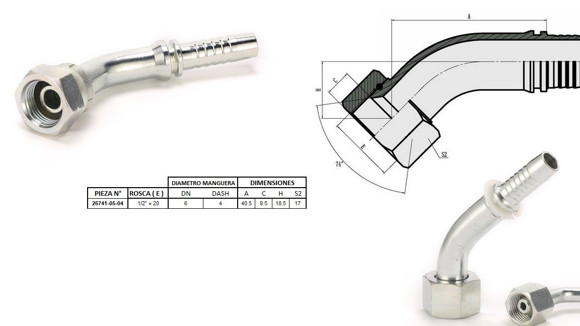 Imagen de HEMBRA CURVA 45° JIC 1/2'' UNF X 20F 04 MANG.1/4''