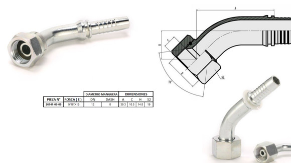 Imagen de HEMBRA CURVA 45° JIC 9/16'' UNF X 18F 08 MANG.1/2''
