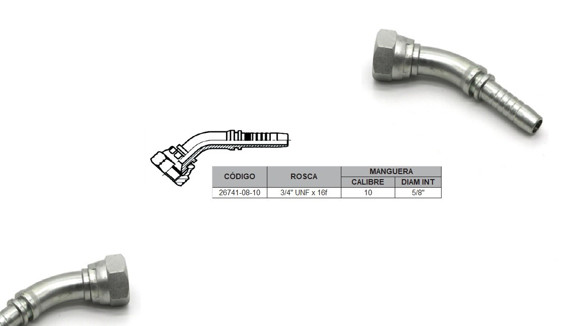 Imagen de HEMBRA CURVA 45° JIC 3/4'' UNF X 16F 10 MANG.5/8''