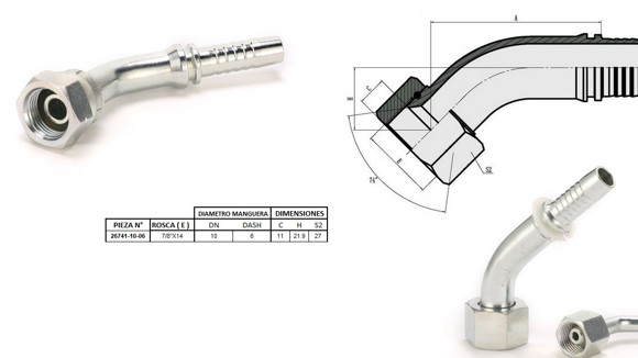 Imagen de HEMBRA CURVA 45° JIC 7/8'' UNF X 14F 06 MANG.3/8''