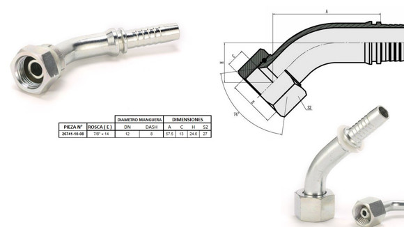 Imagen de HEMBRA CURVA 45° JIC 7/8'' UNF X 14F 08 MANG.1/2''