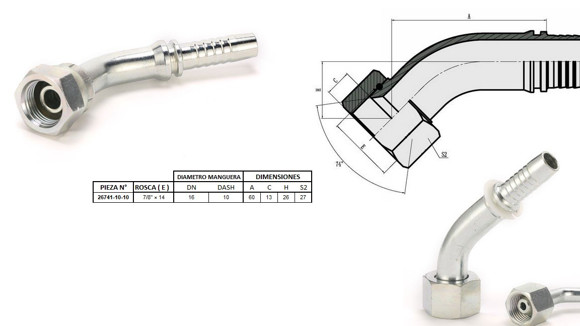 Imagen de HEMBRA CURVA 45° JIC 7/8'' UNF X 14F 10 MANG.5/8''