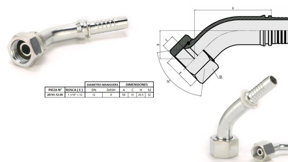 Imagen de HEMBRA CURVA 45° JIC 1.1/16'' UN X 12F 08 MANG.1/2''