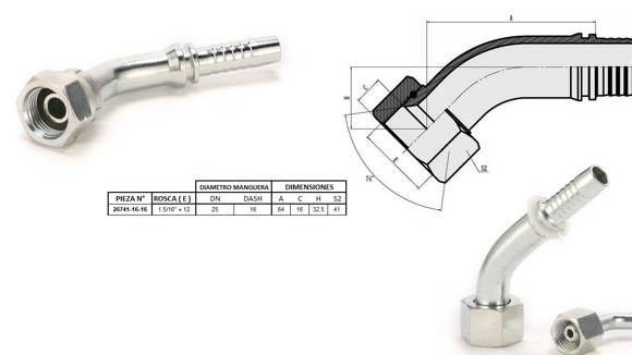 Imagen de HEMBRA CURVA 45° JIC 1.5/16'' UN X 12F 16 MANG.1''
