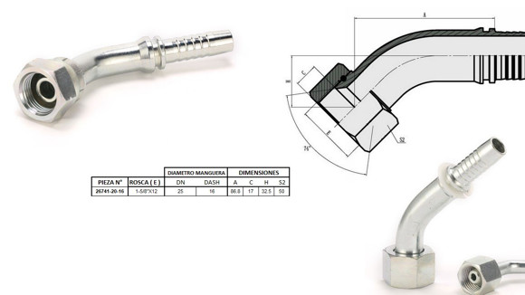 Imagen de HEMBRA CURVA 45° JIC 1.5/8'' UN X 12F 16 MANG.1''