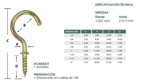 Imagen de PITON TIPO GANCHO/ABIERTO 3/4" 2,4X10X20X11MM AMARILLO