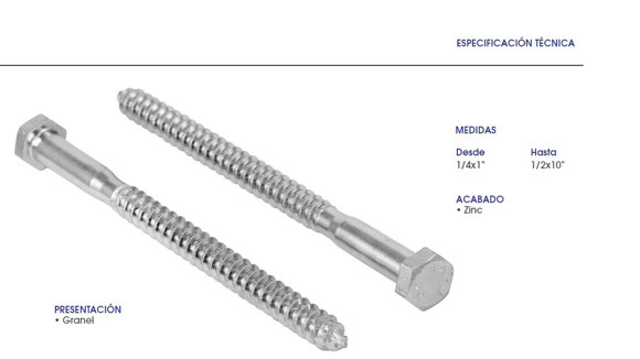 Imagen de TORNILLO HEXAGONAL TIRAFONDO 1/2X4.1/2 ZINCADO
