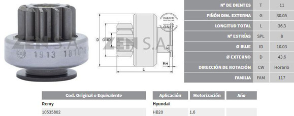 Imagen de BENDIX DE ARRANQUE HYUNDAI HB20 C/DELCO REMY (11D/8E) (ZEN)