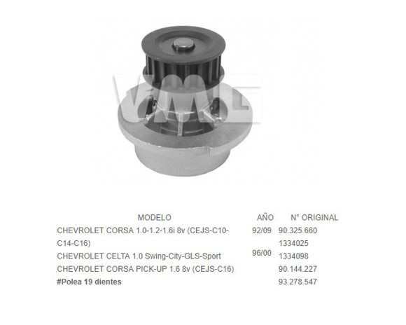 Imagen de BOMBA DE AGUA CHEVROLET CORSA/CELTA 1.0/1.6