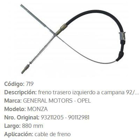 Imagen de CABLE DE FRENO TRASERO IZQUIERDO CHEVROLET MONZA 880MM