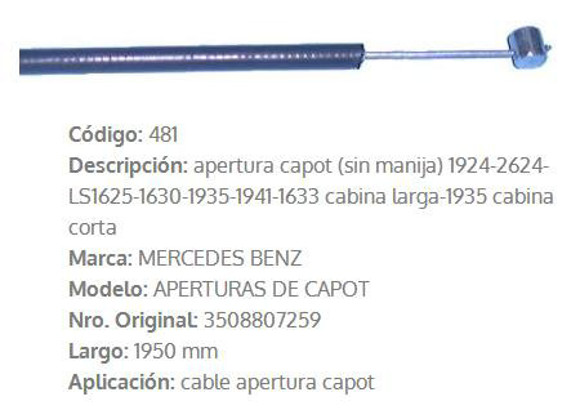 Imagen de CABLE CAPOT MERCEDES BENZ CAMION 1924 1950MM