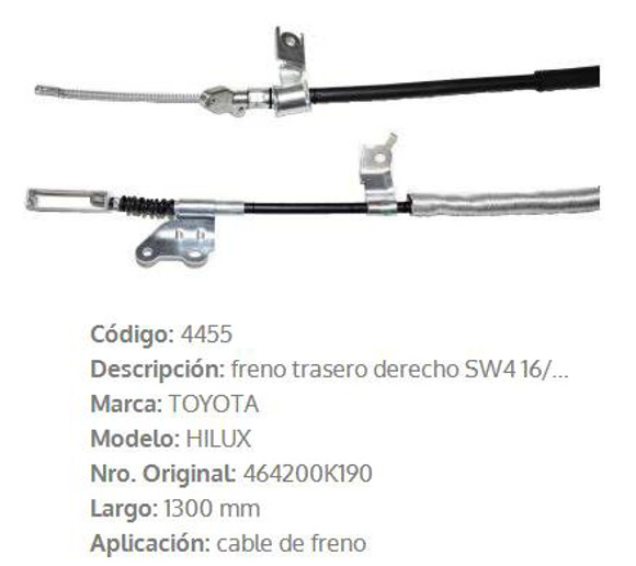 Imagen de CABLE DE FRENO TRASERO DERECHO TOYOTA HILUX SW4 2016 1300MM