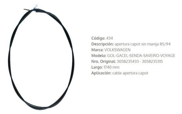 Imagen de CABLE CAPOT VW GOL/AMAZON 1987 1740MM SIN MANIJA