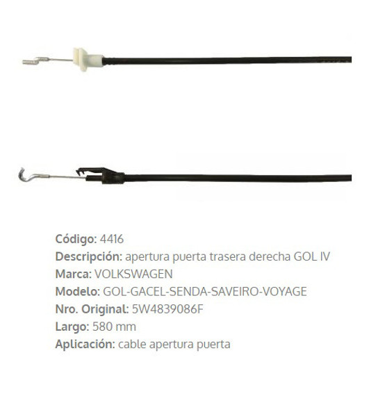 Imagen de CABLE DE PUERTA TRASERA DERECHA VW GOL 4 580MM