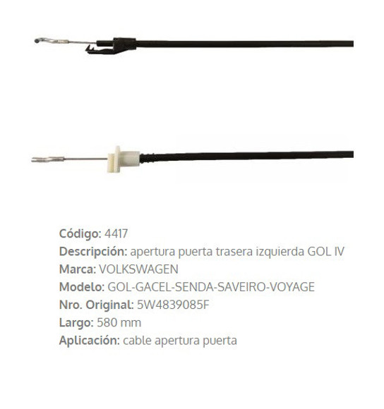 Imagen de CABLE DE PUERTA TRASERA IZQUIERDA VW GOL 4 580MM