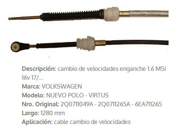Imagen de CABLE CAMBIOS ENGANCHE VW POLO/VIRTUS 1.6 16V 2017 1280MM