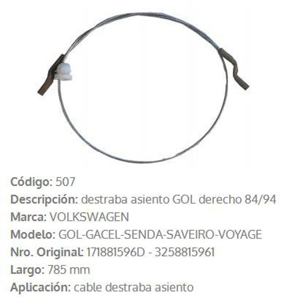 Imagen de CABLE DE ASIENTO DERECHO VW GOL/SANTANA/PARATI/SAVEIRO 785MM