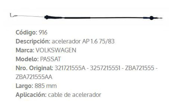 Imagen de CABLE DE ACELERADOR VW PASSAT HASTA 1983 885MM