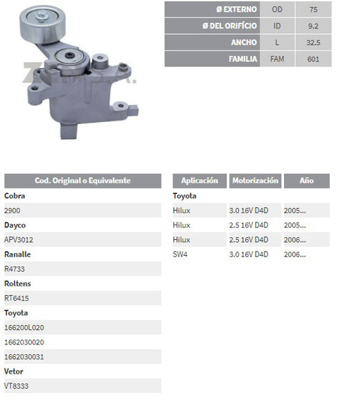 Imagen de TENSOR CORREA ALTERNADOR TOYOTA HILUX 2.5 D4D