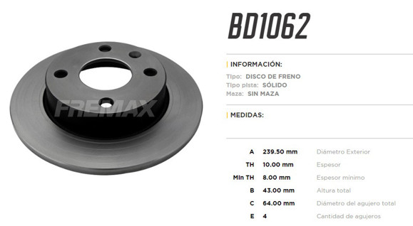 Imagen de DISCO DE FRENO FORD FIESTA ESPAÑOL/COURIER/KA 1.3L 1996
