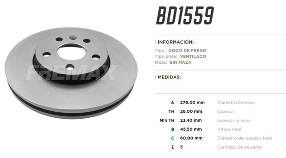 Imagen de DISCO DE FRENO CHEVROLET CRUZE 1.8 2011 276MM