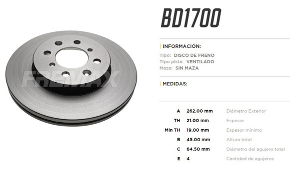 Imagen de DISCO DE FRENO HONDA CIVIC/FIT 1.4 8V/1.5 16V 2009- 262MM