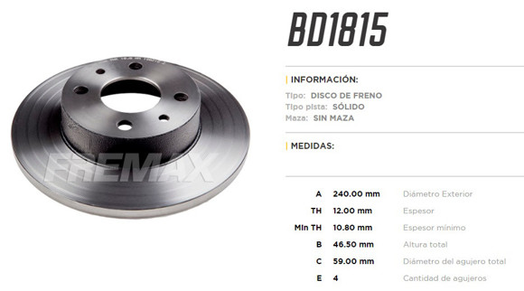 Imagen de DISCO DE FRENO FIAT UNO/PREMIO/DUNA/FIORINO/PALIO/SIENA/ELBA