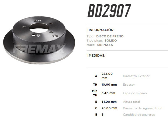 Imagen de DISCO FRENO TRAS HYUNDAI SANTA FE 01-05 TUCSON 05-06