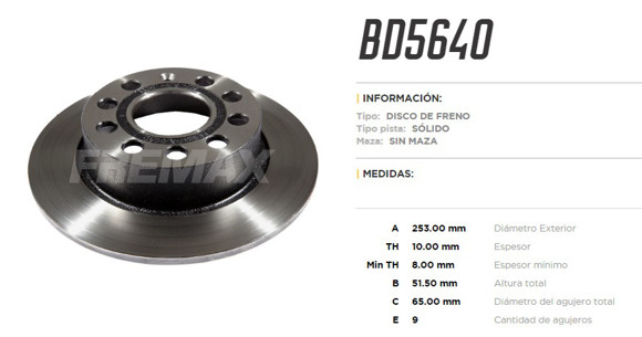 Imagen de DISCO DE FRENO TRASERO VW VENTO 2.5 2011/AUDI A3 2003-2012