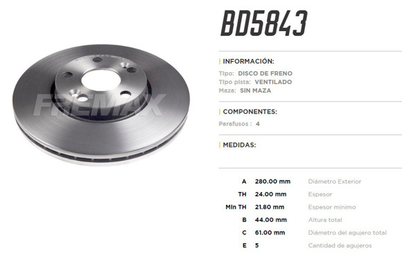 Imagen de DISCO DE FRENO RENAULT LAGUNA 1994- 5 AGUJEROS
