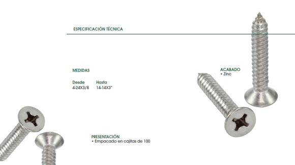 Imagen de TORNILLO CABEZA FREZADA PHS ROSCA CHAPA 4X1/2 ZINC.(2,5MM)