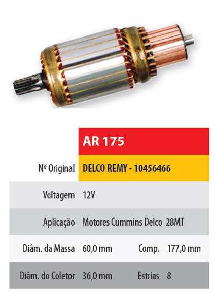 Imagen de INDUCIDO 12V ARRANQUE DELCO REMY 28MT (177X60X8X36)